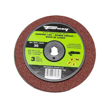 Forney Resin Fibre Sanding Disc, Aluminum Oxide, 4-1/2 in x 7/8 in Arbor, 50 Grit 71669